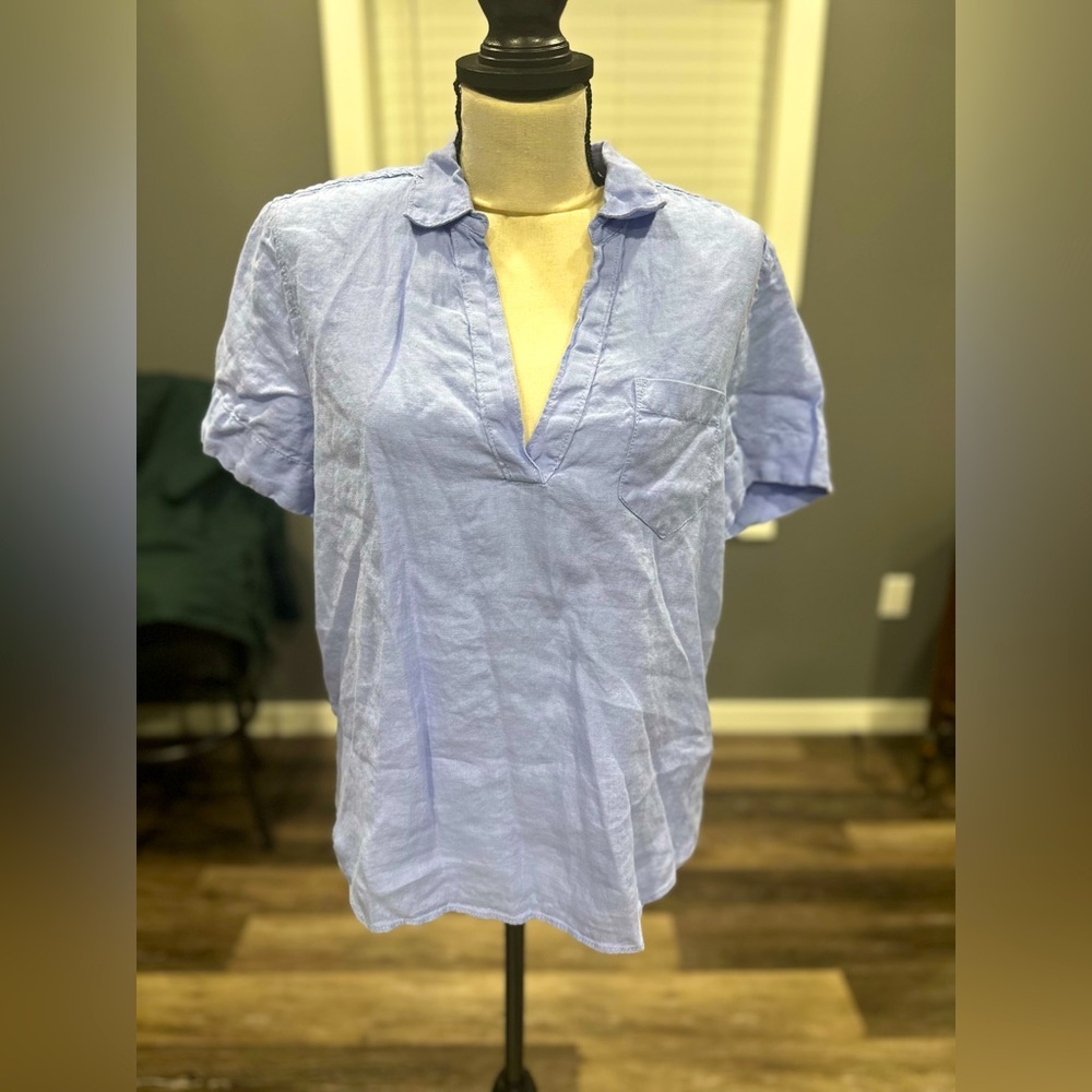 J. Crew Light Blue Linen Split-Neck Blouse